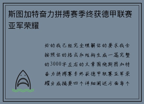 斯图加特奋力拼搏赛季终获德甲联赛亚军荣耀